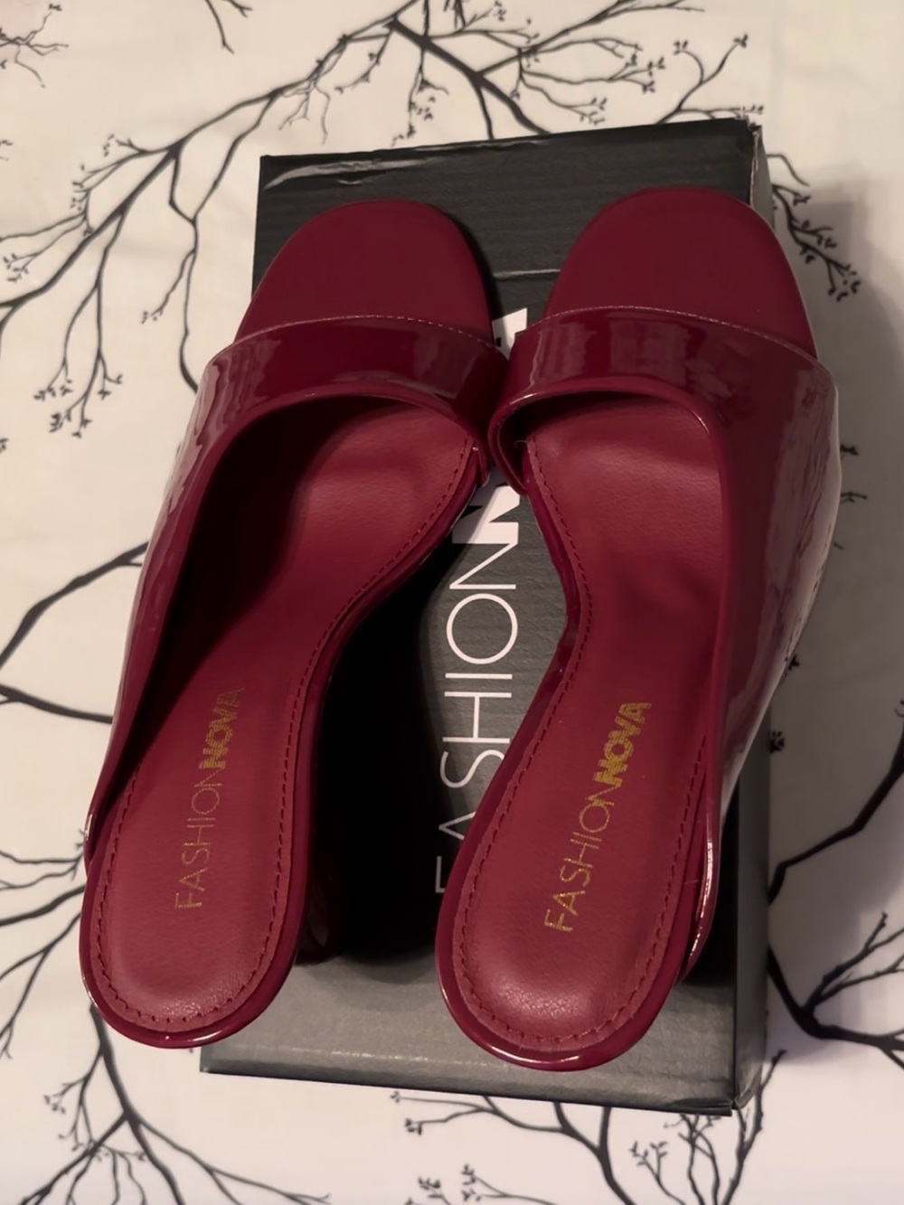 Fashion Nova Deep Wine Patent Slide Mules